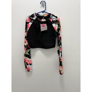 Kanu Surf Girls Black Floral Long Sleeve Rash Guard Crop Top Size 12 NWT 8599